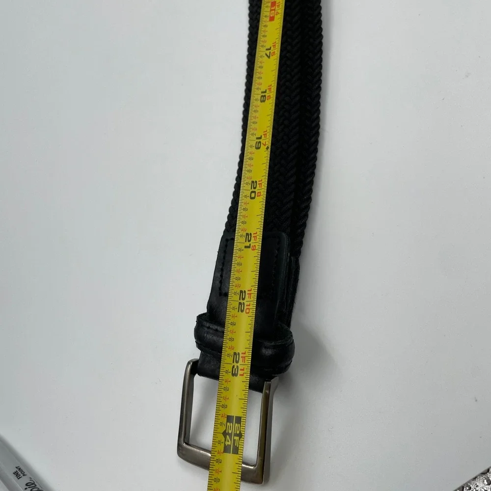 Men's Black Braided Elastic Stretch Belt Silver Buckle Leather Trim 42